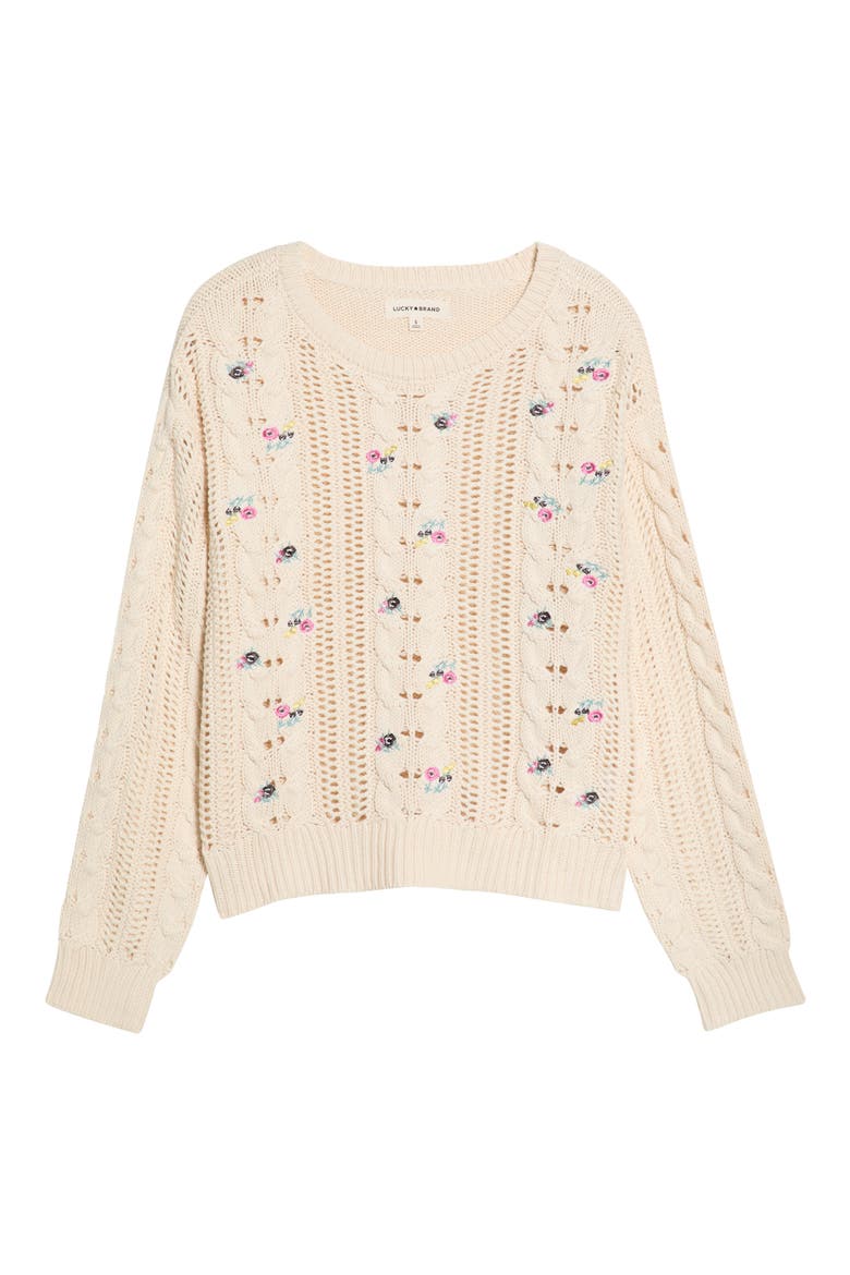 Floral Embroidered Cotton Blend Sweater, Main, color, WHITECAP GRAY