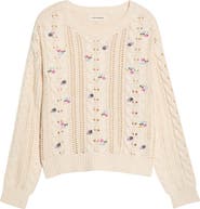 Lucky Brand Floral Embroidered Cotton Blend Sweater