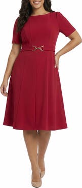 London Times Buckle Tab Fit Flare Midi Dress