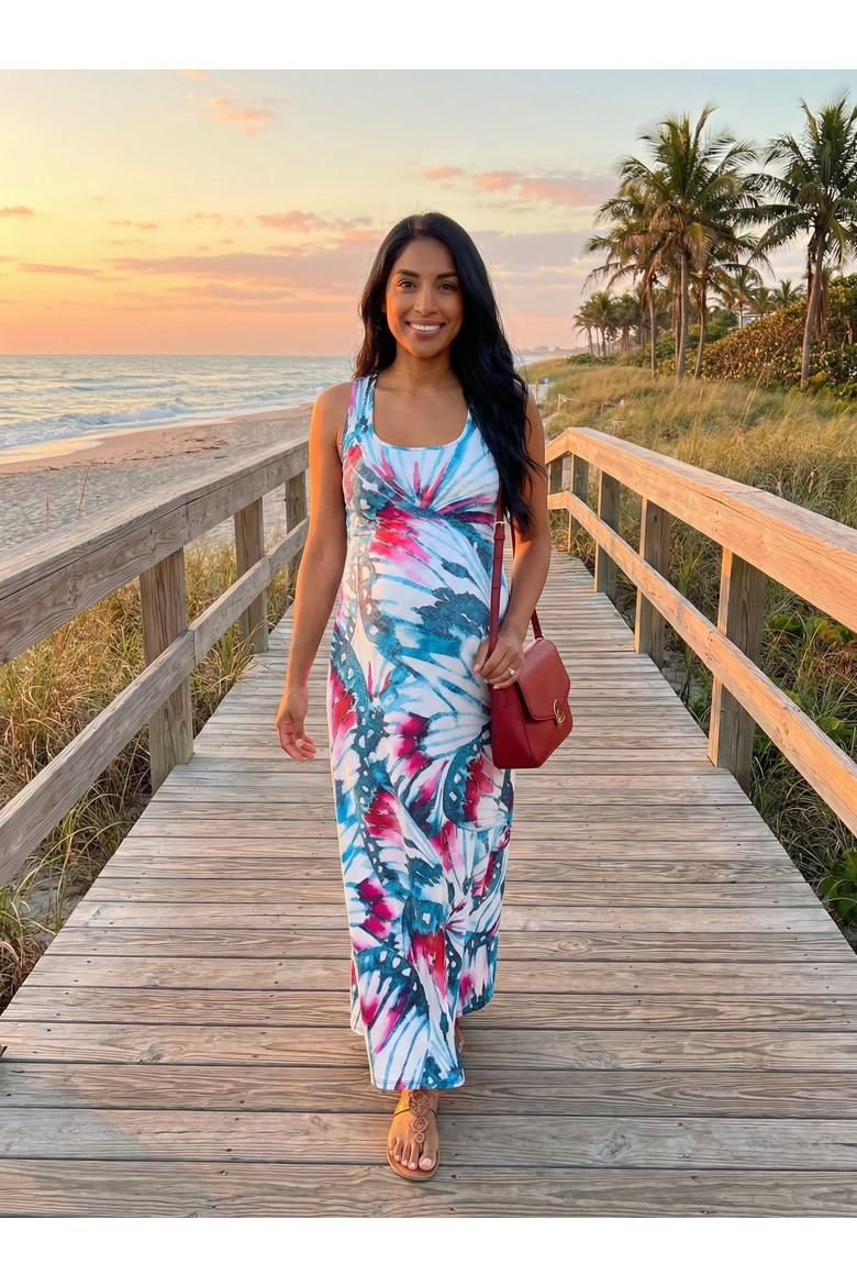 Maternity Butterfly Sleeveless Scoop Neck A-Line Pocket Maxi Dress, Alternate, color, Blue Multi
