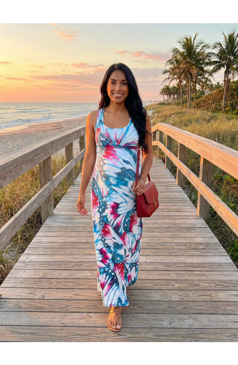 24seven Comfort Apparel Maternity Butterfly Sleeveless Scoop Neck A-Line Pocket Maxi Dress, Alternate, color, Blue Multi