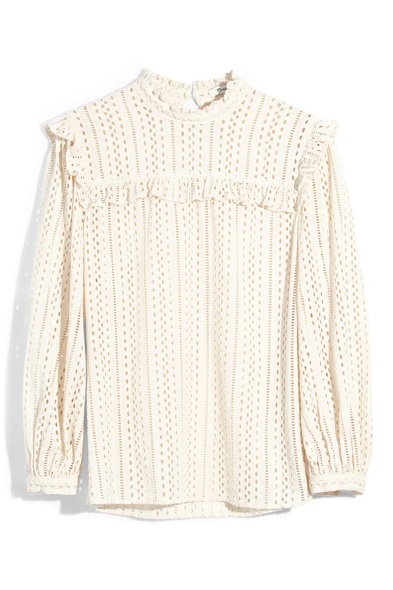 Eyelet Ruffle Mock Neck Top, Alternate, color, CLOUD LINING