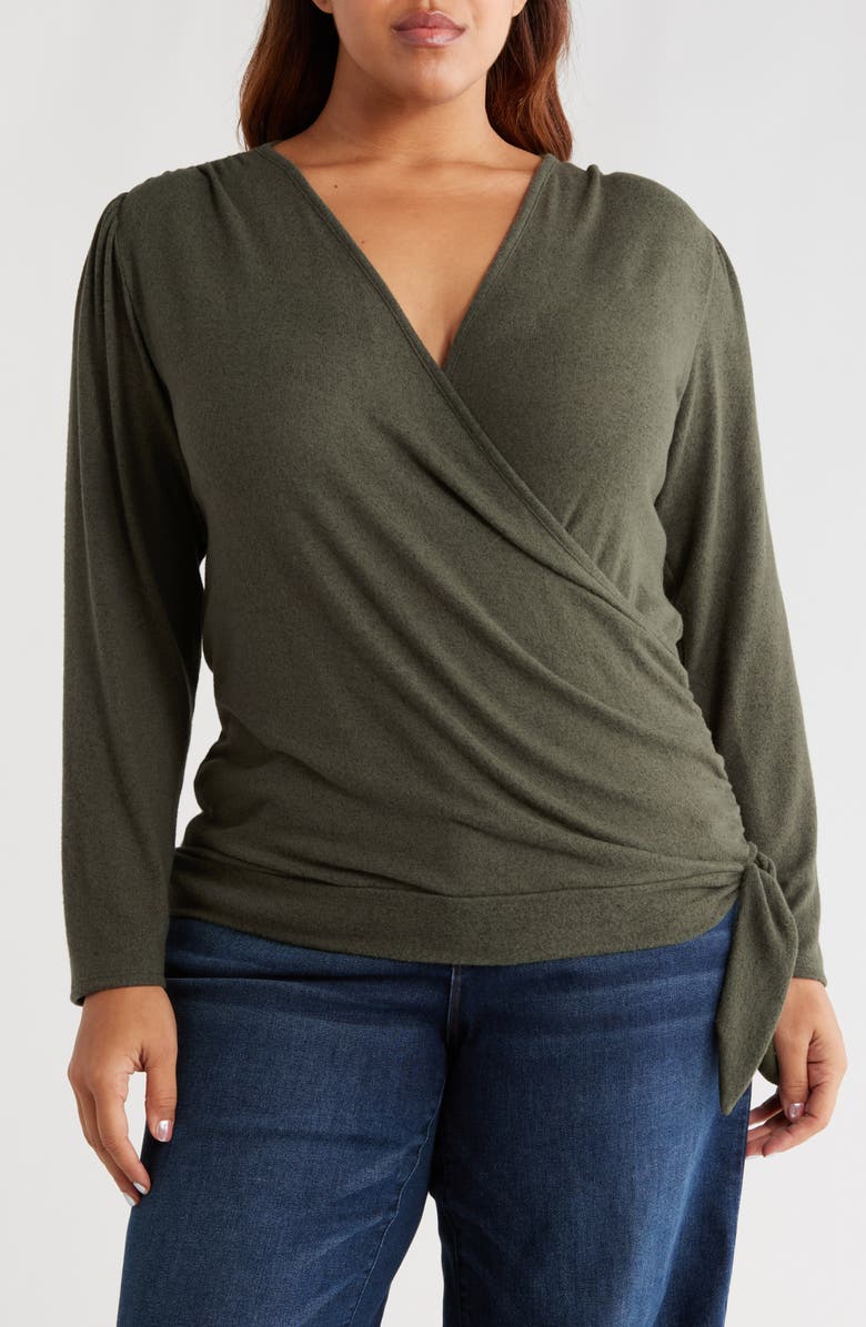 Loveappella Wrap Front Side Tie Knit Top, Main, color, Olive