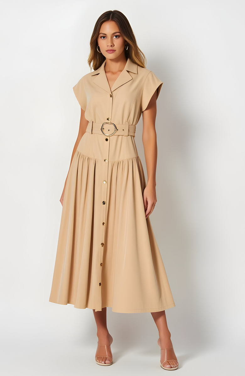 Modenaire Cap Sleeve Midi Shirt Dress with Button Front, Belted Waist and Collar, Main, color,