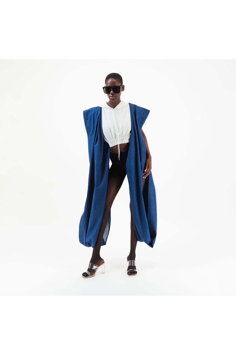 Denim Agbada Sleeves Cropped Hoodie, Alternate, color, White/blue