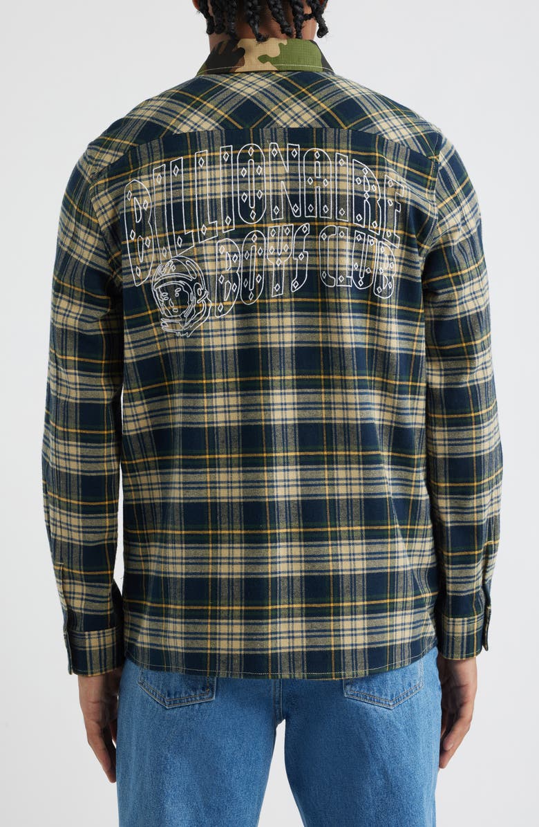 Billionaire Boys Club BB Wanderlust Plaid & Camo Cotton Button-Up Shirt, Alternate, color, Cypress