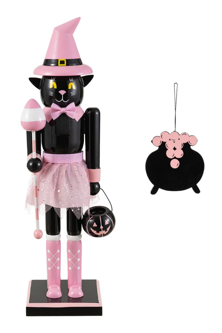 Halloween Wooden Black Cat Nutcracker with Pumpkin Ornament, Alternate, color, Pink