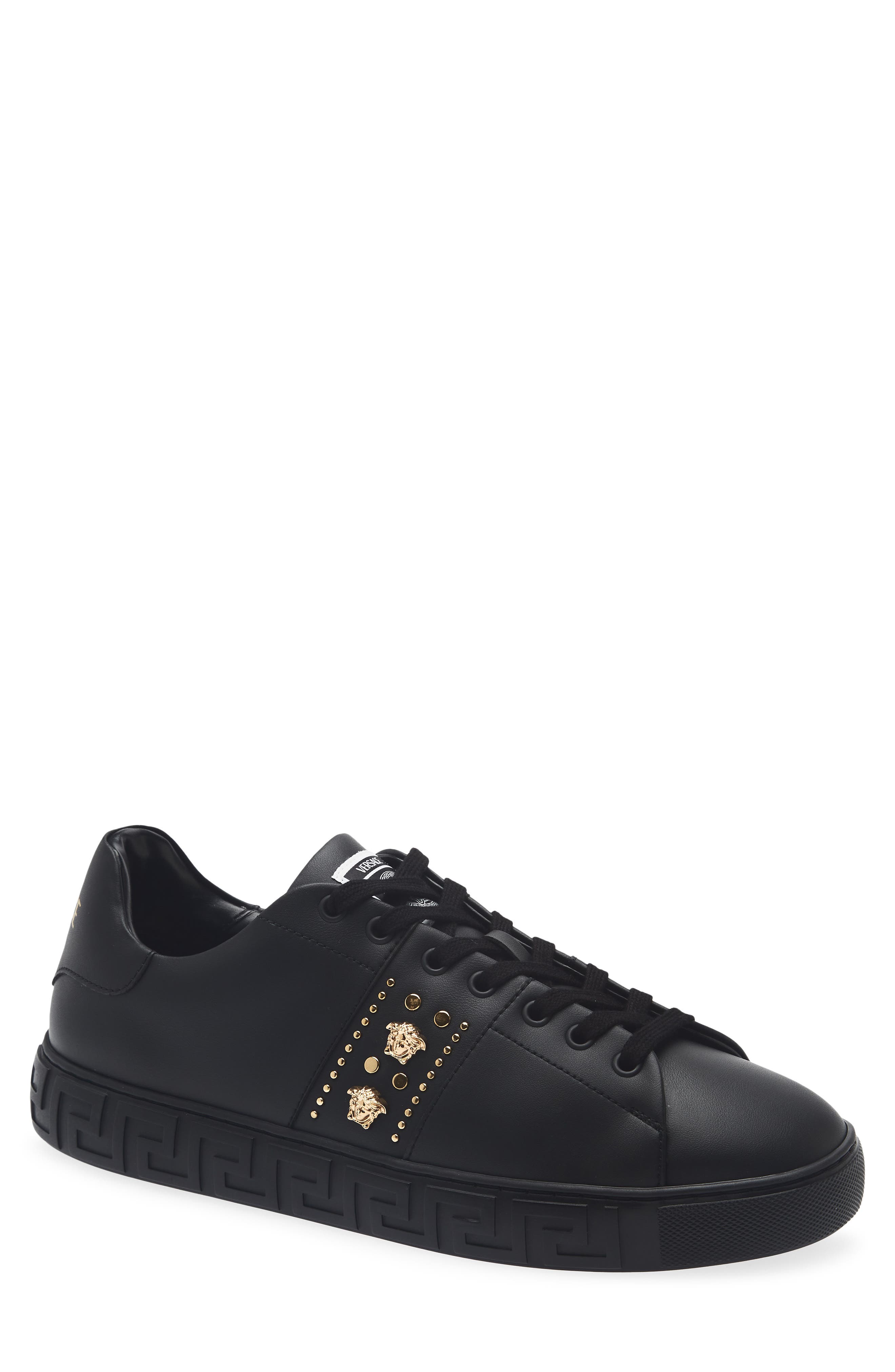 Studded Greca Sneaker, Main, color, BLACK-VERSACE GOLD