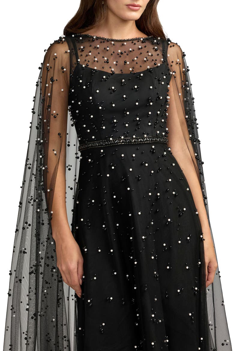 Pearl Embellished Cape A-Line Gown, Alternate, color, Black Ivory