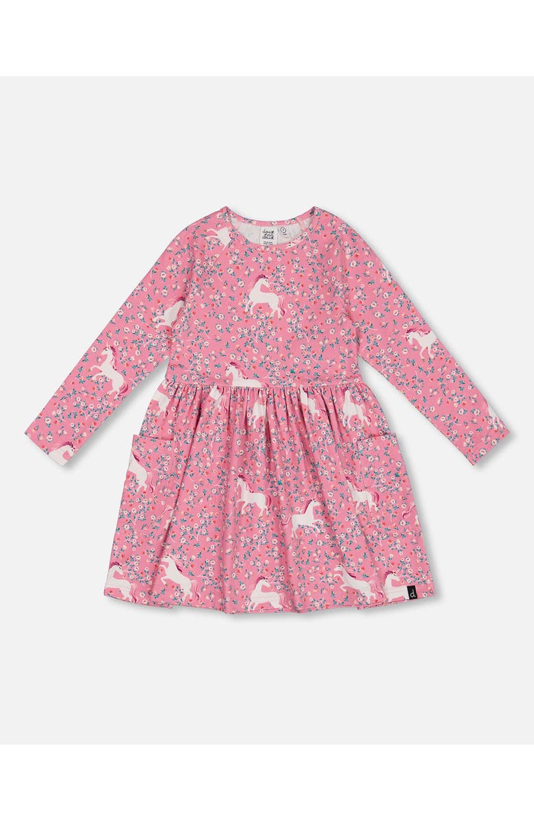Deux par Deux Girl's Printed Unicorn Dress With Pockets Pink, Main, color, 