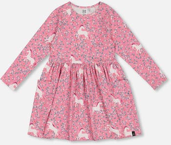 Deux Par Deux Printed Pocket Dress - Pink Unicorns Deux Par Deux Printed Pocket Dress - Pink Unicorns