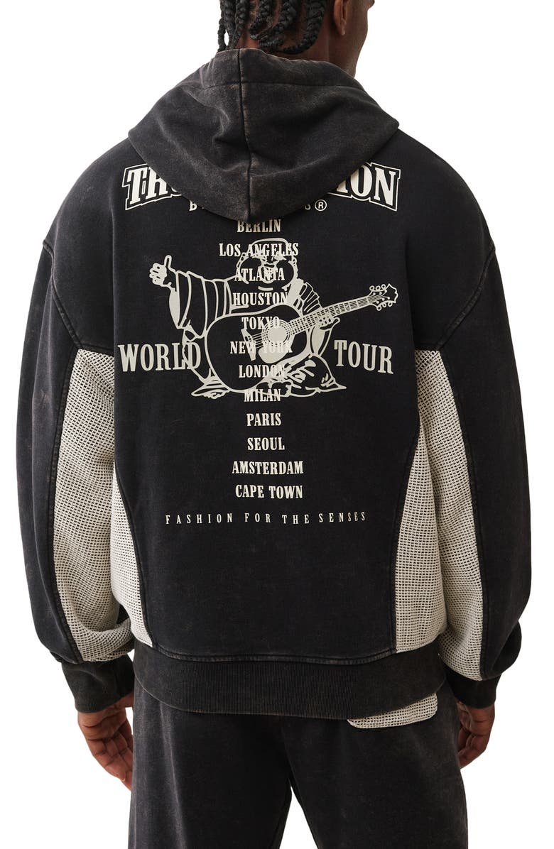 True Religion Mesh Panel Logo Zip Hoodie, Alternate, color, Jet Black