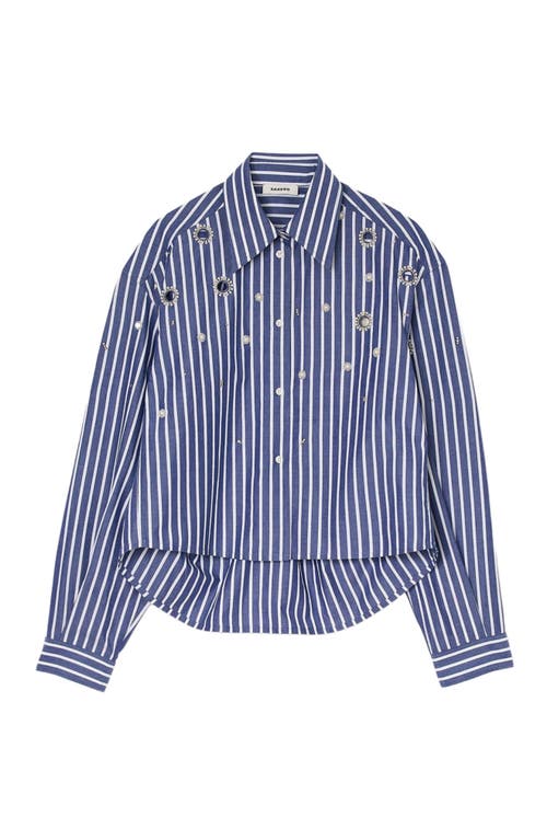 Sandro Womens Bleus Striped Rhinestone-embellished Cotton Shirt In Blue