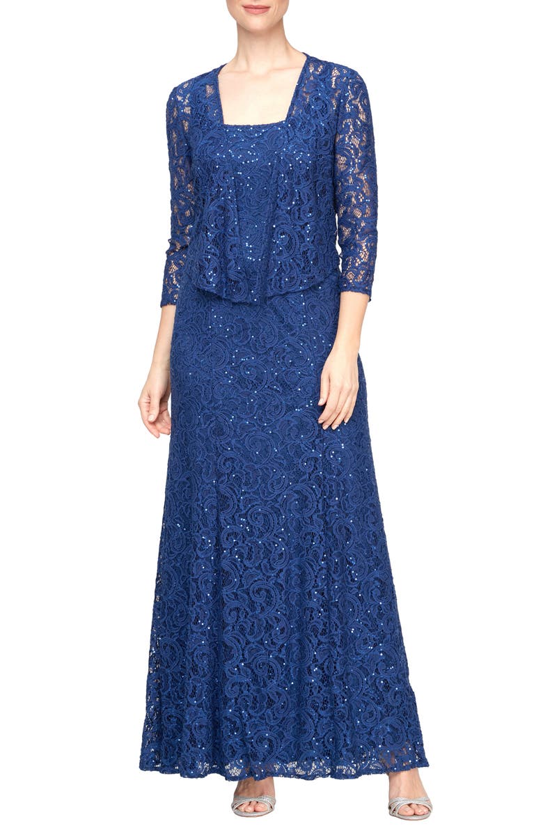 Alex Evenings Sequin Lace Gown & Chiffon Jacket, Main, color, 
