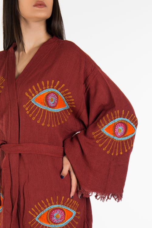 Forever & Always Shoes Aria Evil Eye Handmade Cotton Kimono In Burgundy