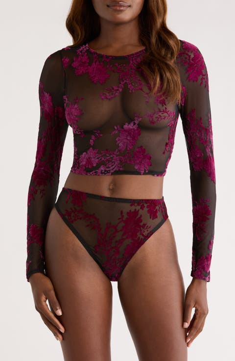 Floral Flocked Long Sleeve Crop Top