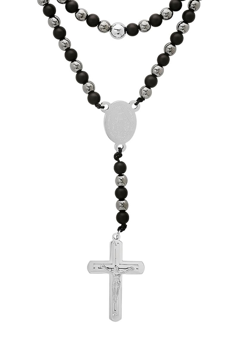 Men's Black Lava & Hematite Beaded Rosary Necklace, Alternate, color, SILVER/ BLACK
