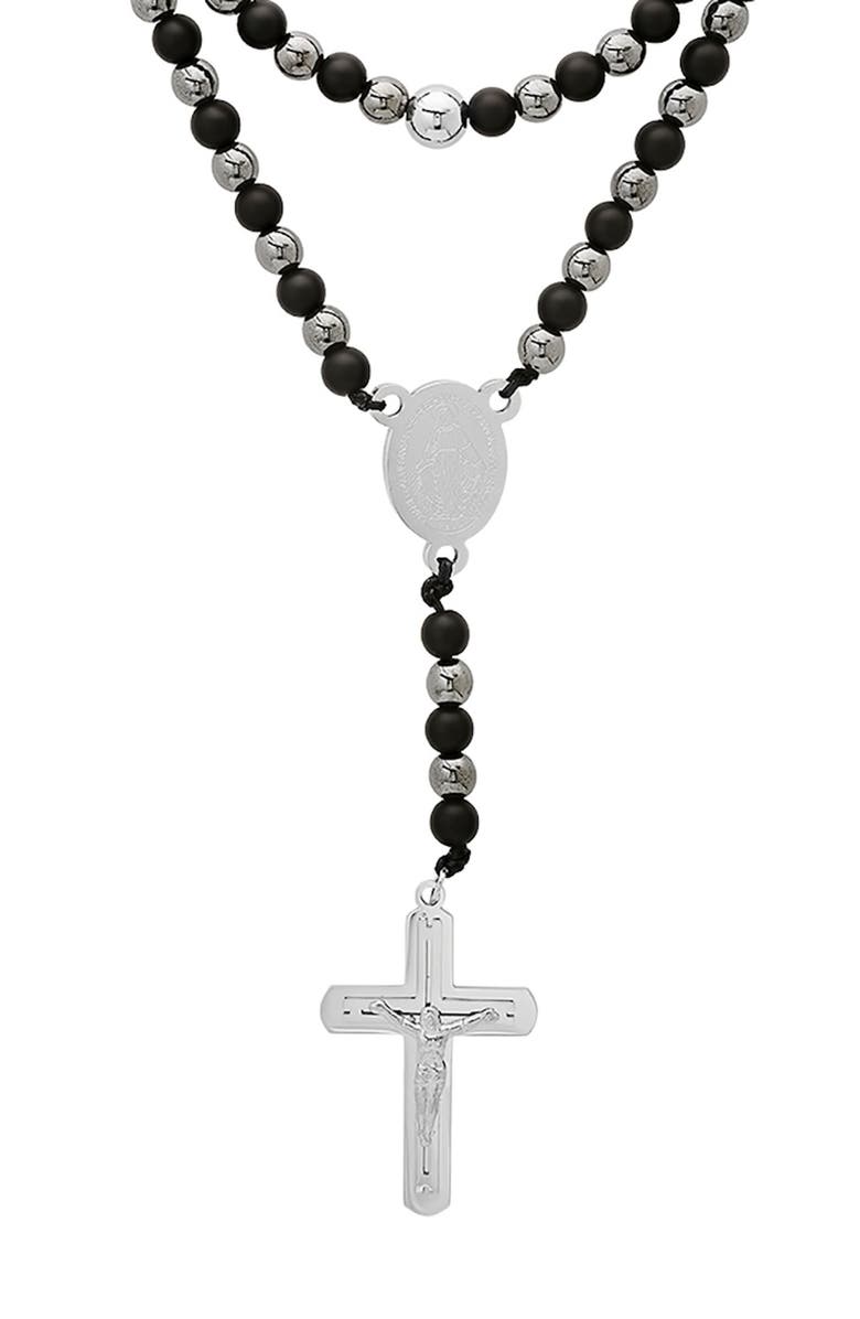 HMY JEWELRY Men's Black Lava & Hematite Beaded Rosary Necklace, Alternate, color, Silver/ Black