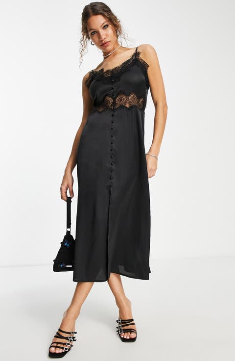 Inset Lace Satin Midi Slipdress