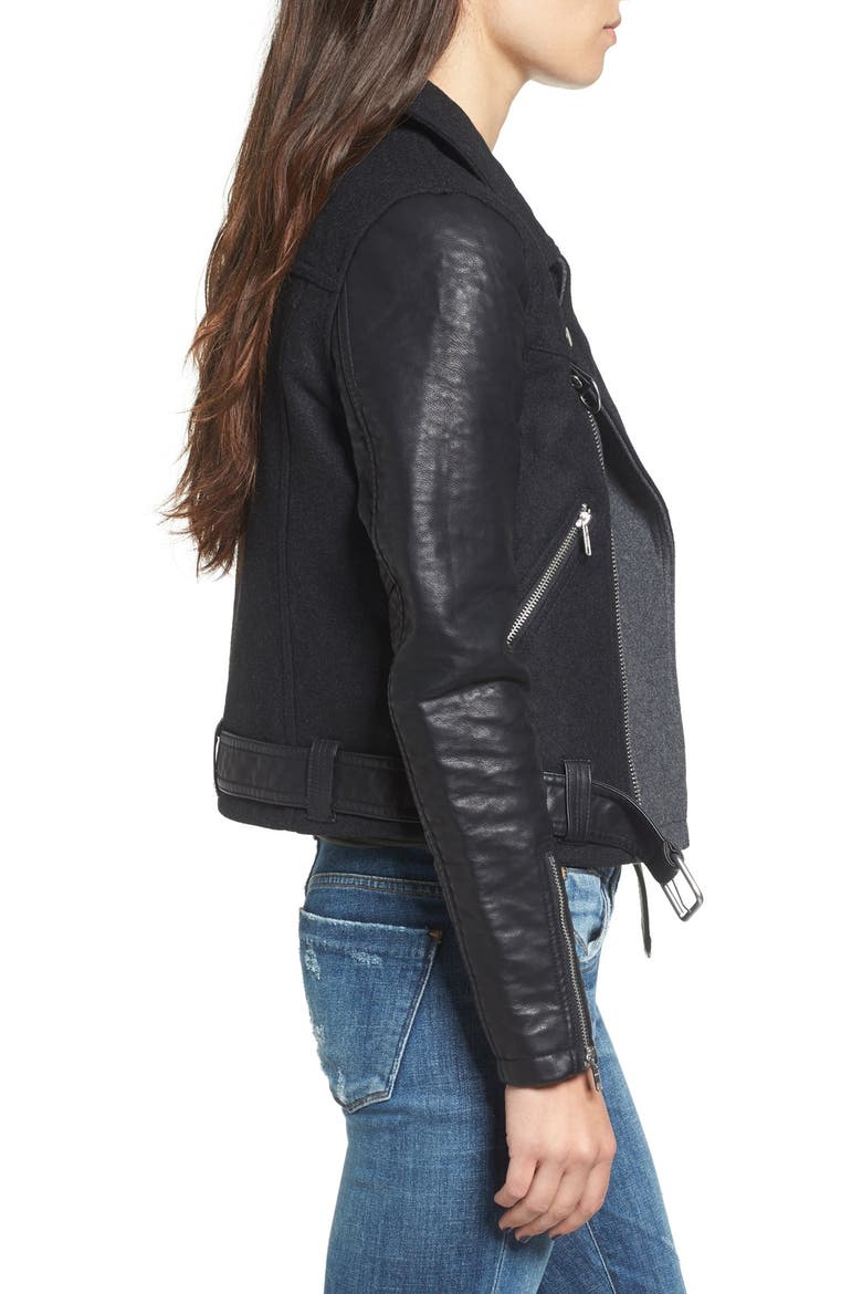 Mixed Media Moto Jacket, Alternate, color, BLACK