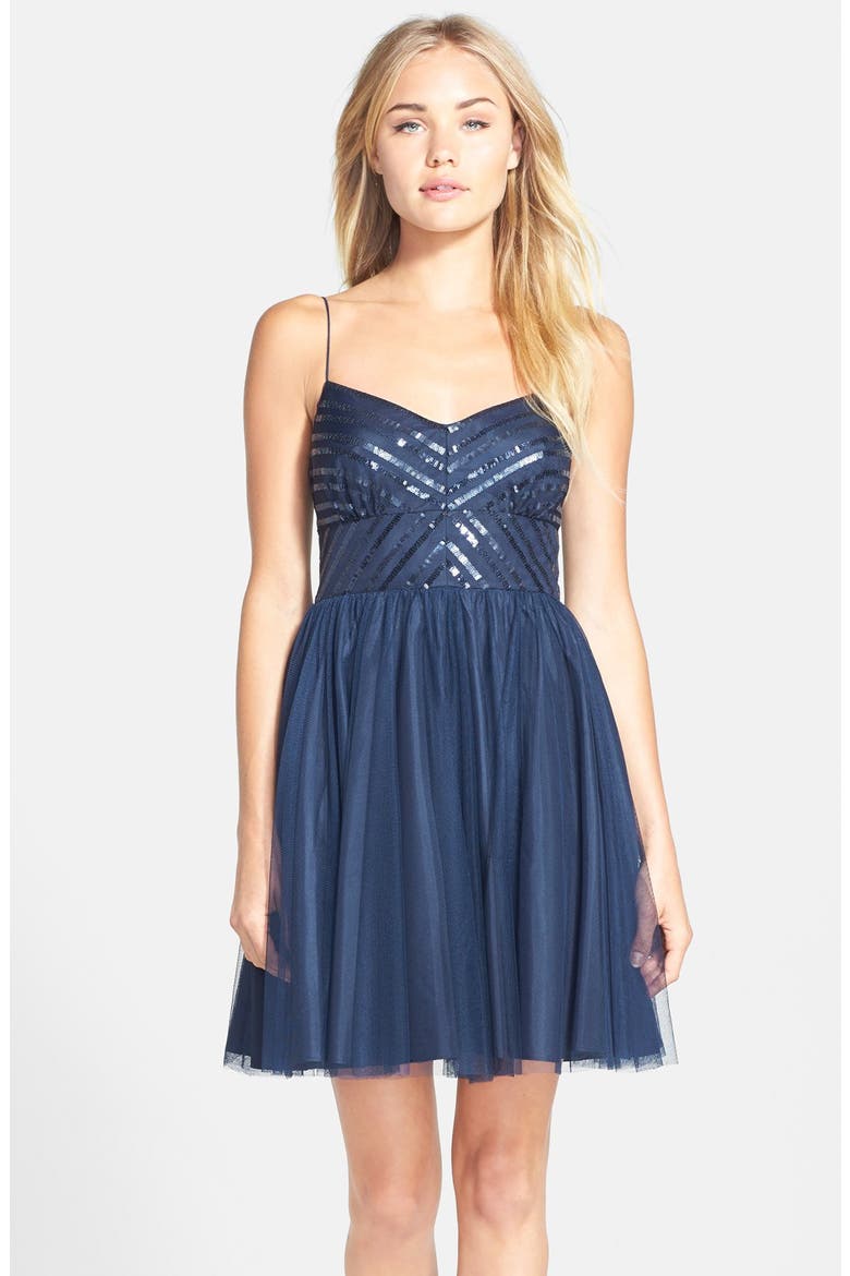 Aidan by Aidan Mattox Spaghetti Strap Sequin & Tulle Dress, Main, color, MIDNIGHT