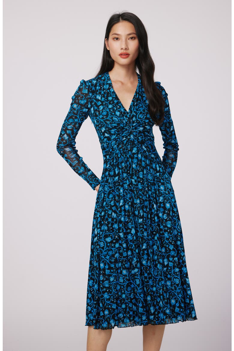 Burton Floral Print Long Sleeve Mesh Midi Dress, Alternate, color, FLEETWOOD FOLK BLUE LG