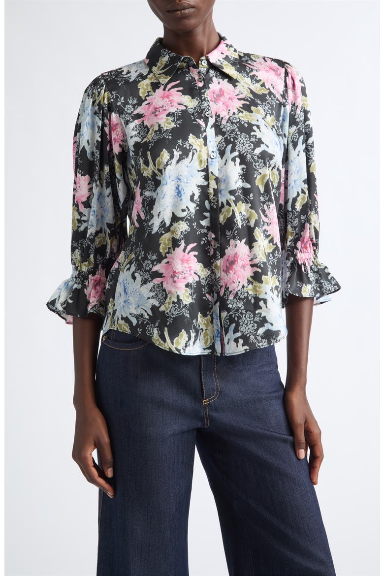 Fiona Ikat Dahlia Three-Quarter Sleeve Shirt, Main, color, BLACK MULTI