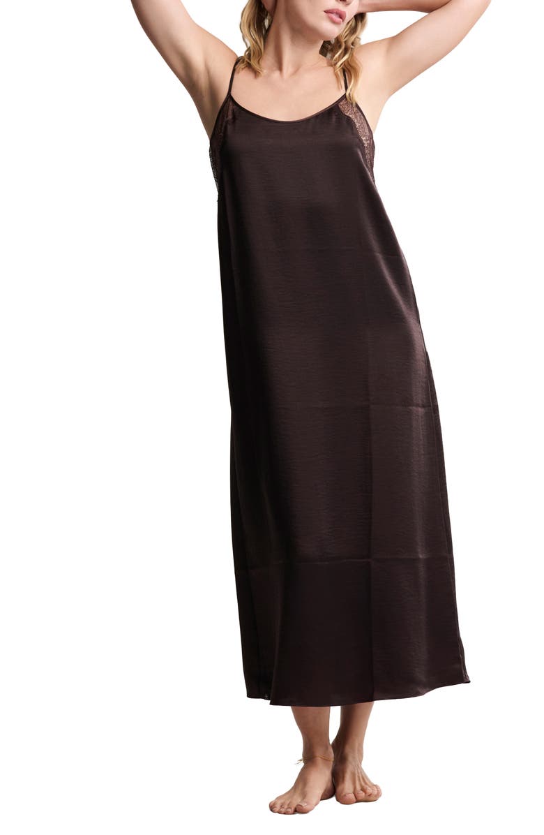 Barefoot Dreams<sup>®</sup> Liquid Lace Trim Satin Nightgown, Main, color, Umber