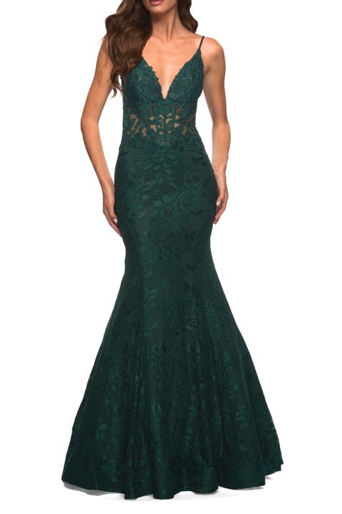 Mermaid Lace Prom Dress with Sheer Jeweled Bodice