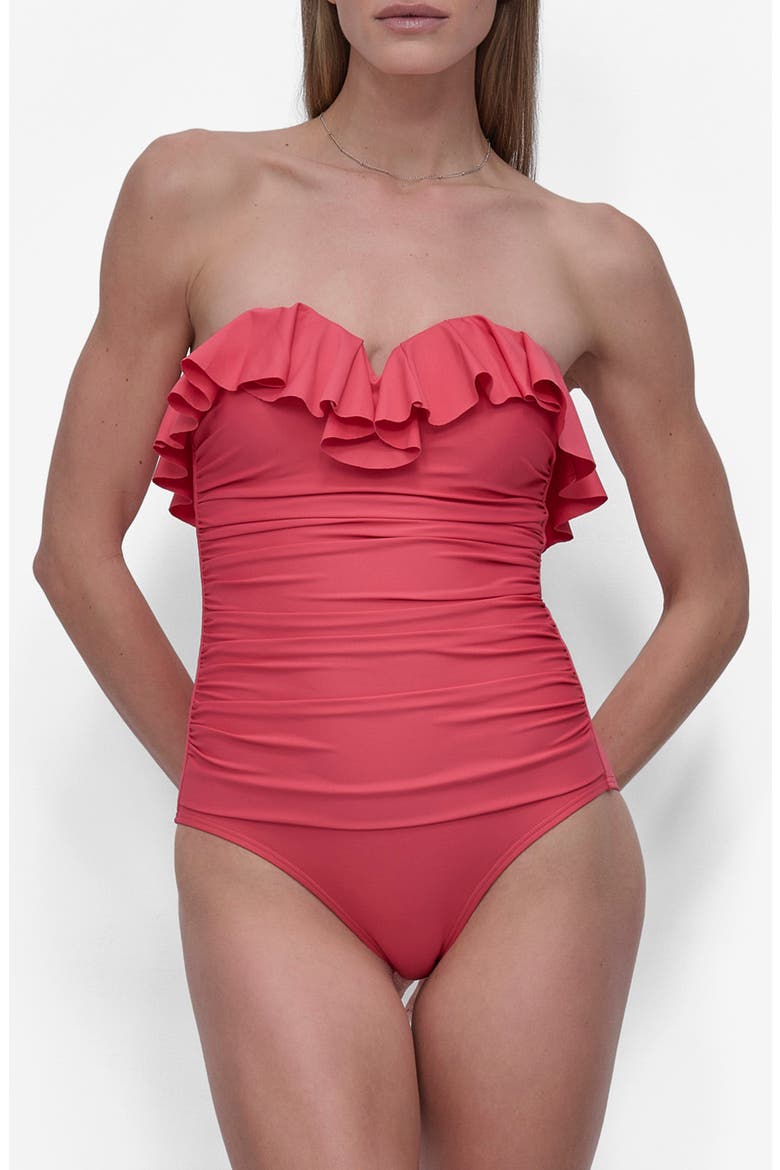 Ruffled Bandeau One-Piece Swimsuit, Main, color, PINK PUNCH