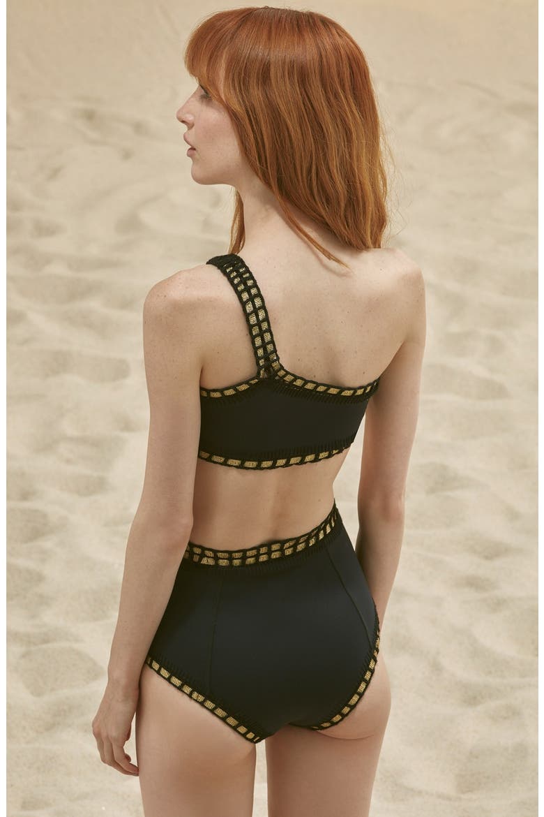 'ChaCha' One-Shoulder Bikini Top, Alternate, color, BLACK/ GOLD