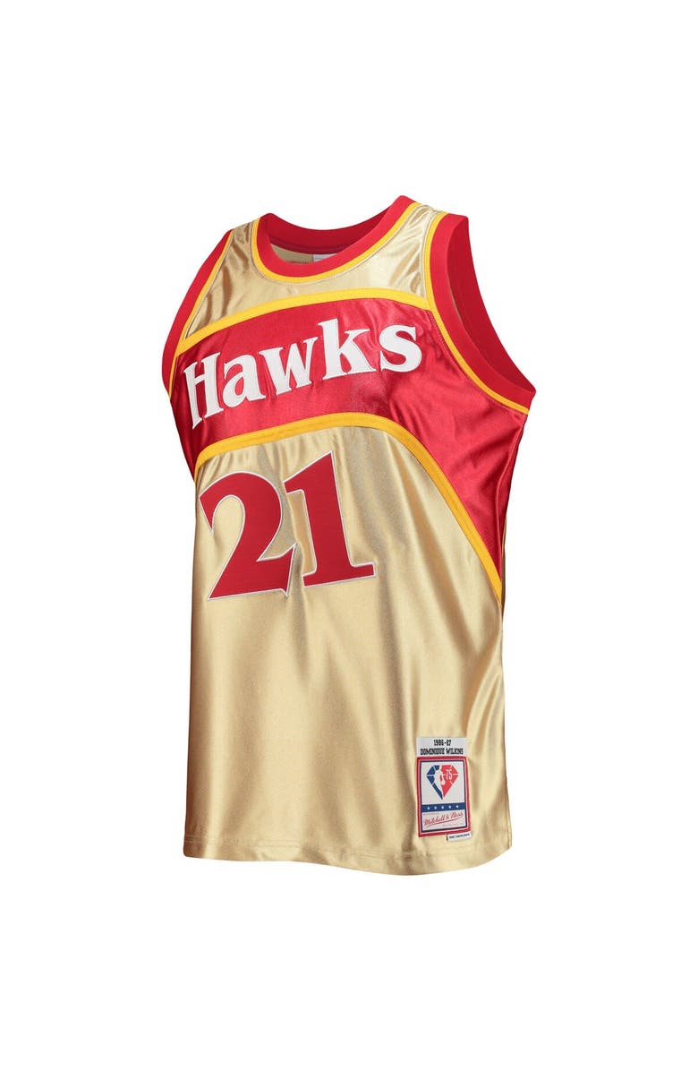 Mitchell & Ness Men's Mitchell & Ness Dominique Wilkins Gold Atlanta Hawks 75th Anniversary 1986/87 Hardwood Classics Swingman Jersey, Alternate, color, 