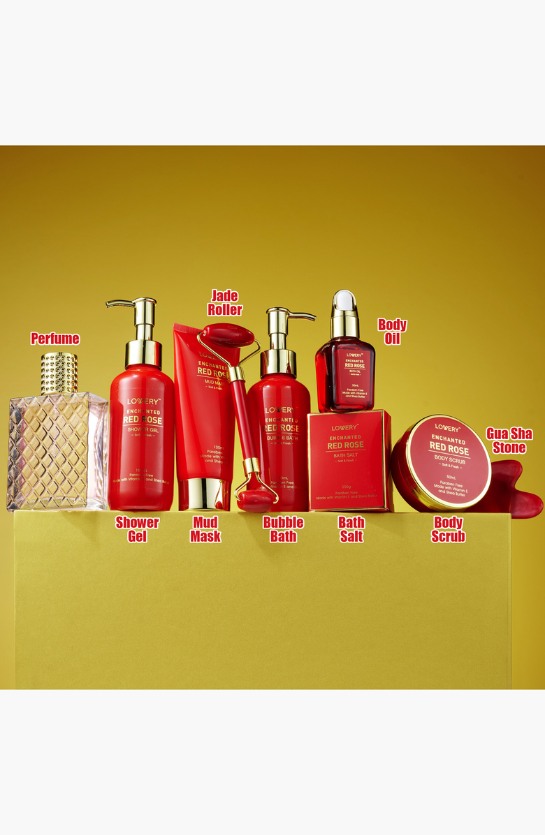 Lovery Luxe 11Pc Bath and Body Set with Perfume, Jade Roller, Gua Sha & More, Alternate, color, Red Rose / Gold