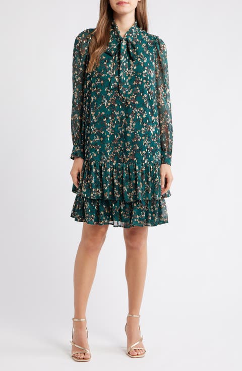 Floral Tie Neck Long Sleeve Ruffle Shirtdress