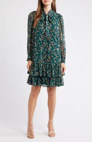 Anne Klein Floral Tie Neck Long Sleeve Ruffle Shirtdress