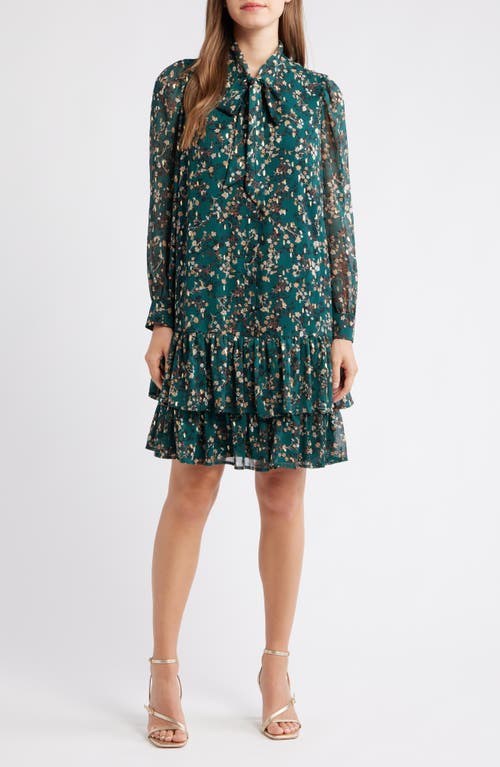 Anne Klein Floral Tie Neck Long Sleeve Ruffle Shirtdress In Multi