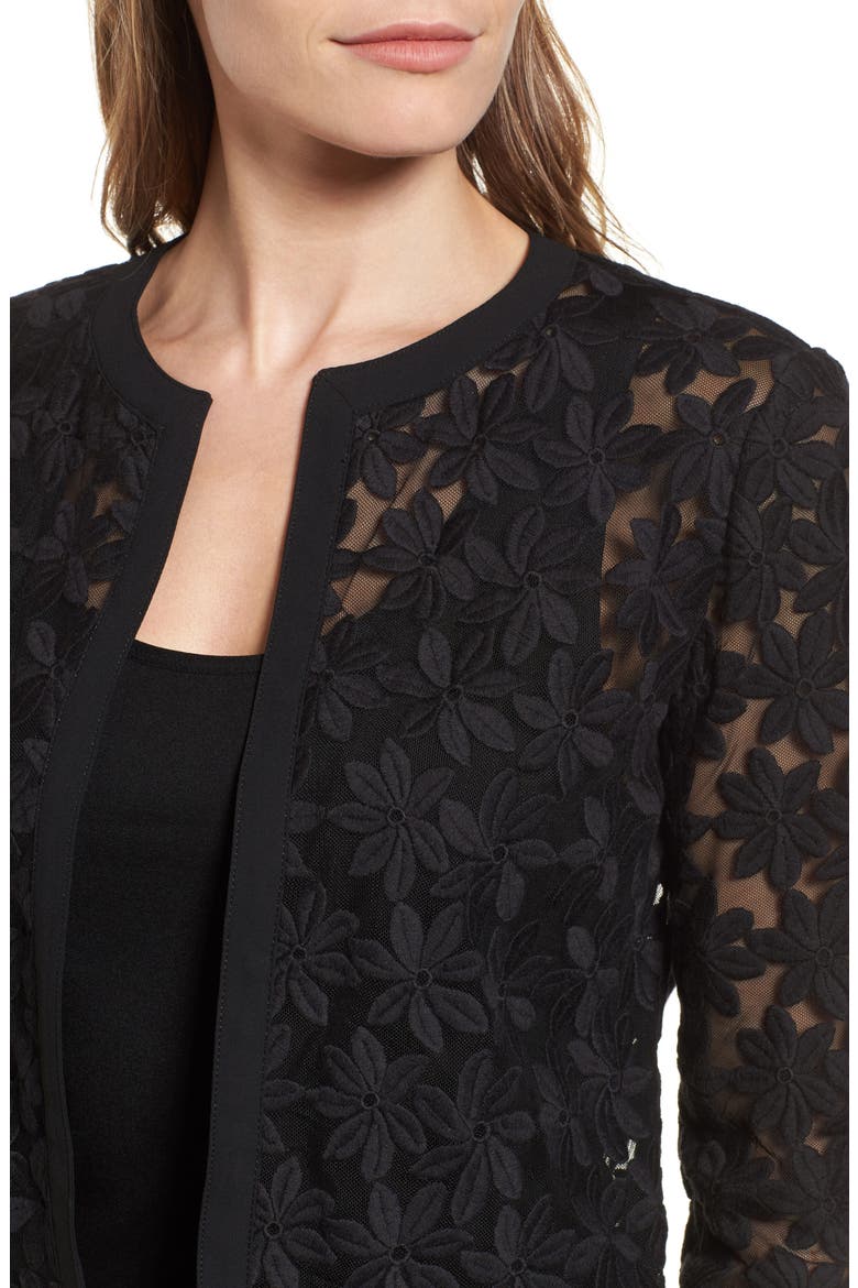 Anne Klein Floral Embroidered Mesh Cardigan, Alternate, color, BLACK