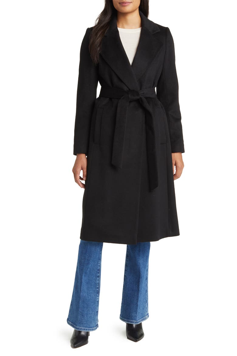 Tie Belt Wool Blend Wrap Coat, Main, color, BLACK