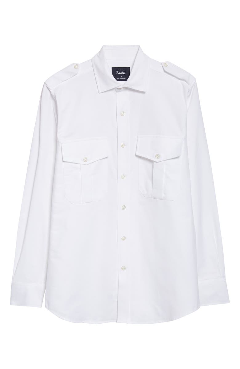 Drake's Epaulet Cotton Oxford Button-Up Shirt, Alternate, color, White