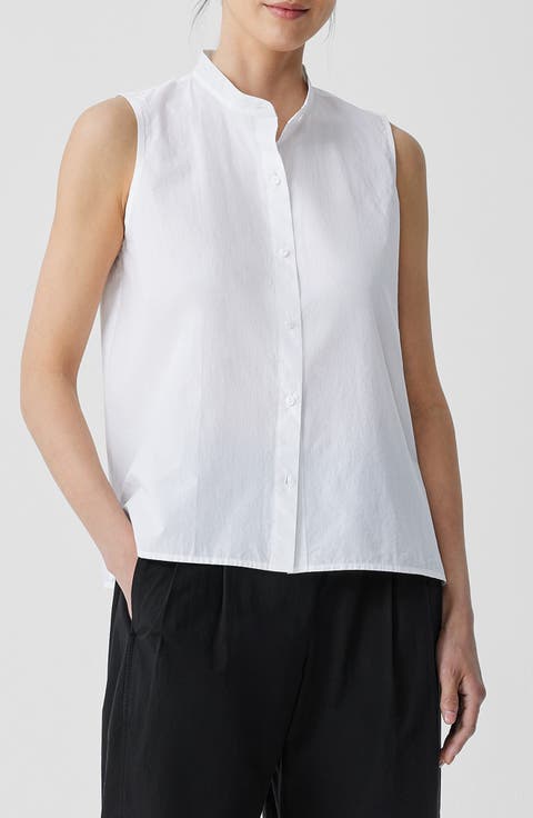Band Collar Sleeveless Organic Cotton Shirt