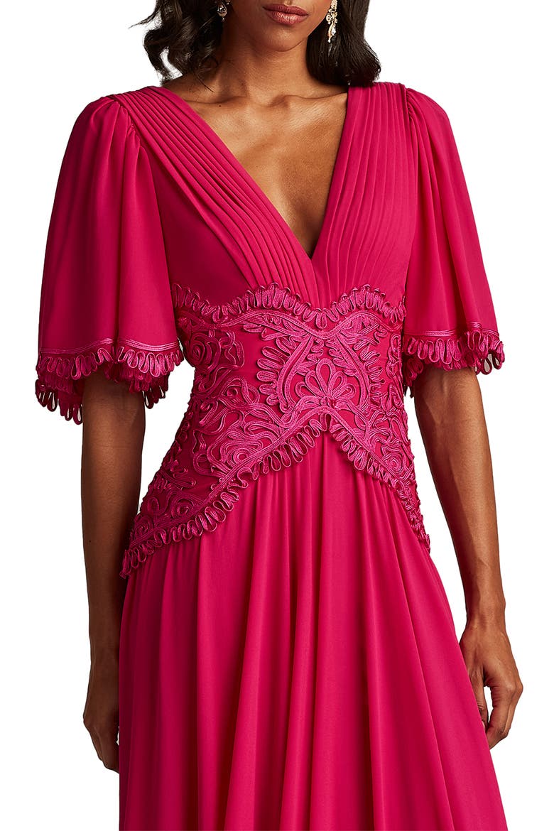 Scroll Lace Detail Flutter Sleeve Chiffon Gown, Alternate, color, HIBISCUS