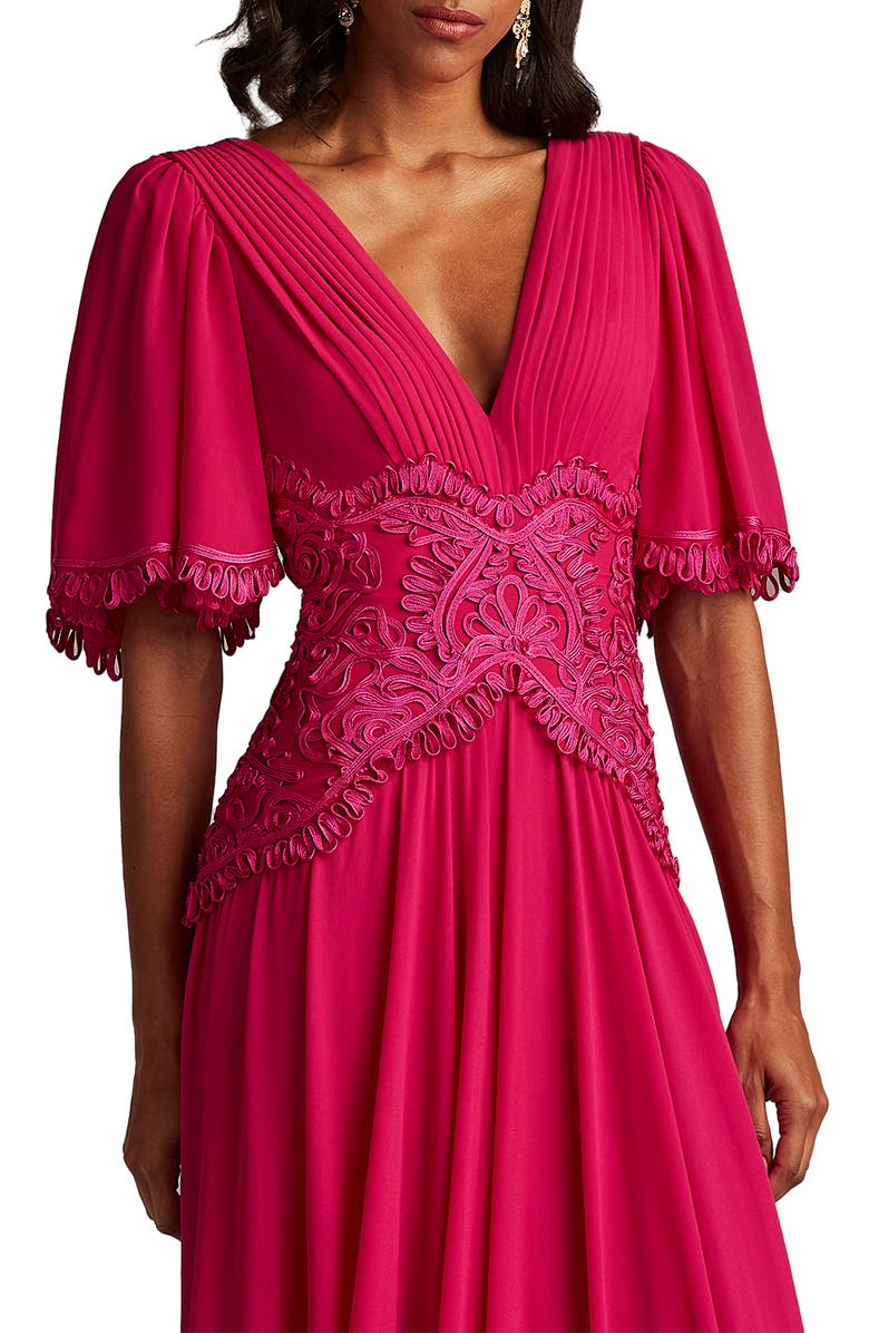 Tadashi Shoji Scroll Lace Detail Flutter Sleeve Chiffon Gown, Alternate, color, Hibiscus