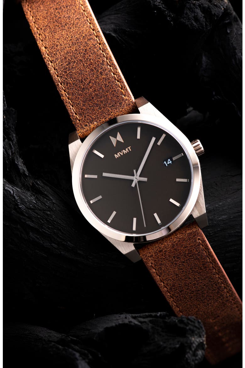 MVMT Element Leather Strap Watch, 43mm, Alternate, color, BROWN/ COFFEE/ BEIGE GOLD