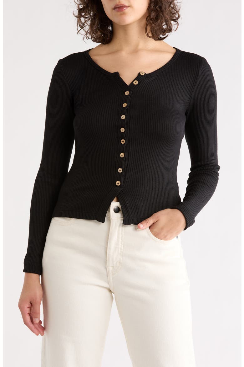 Button Front Long Sleeve Ribbed Top, Main, color, BLACK