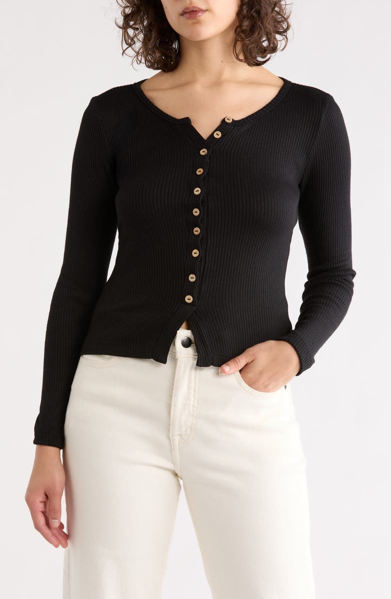 Renee C Button Front Long Sleeve Ribbed Top, Main, color, Black