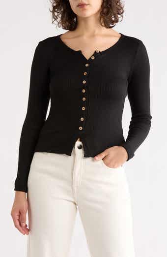 Button Front Long Sleeve Ribbed Top