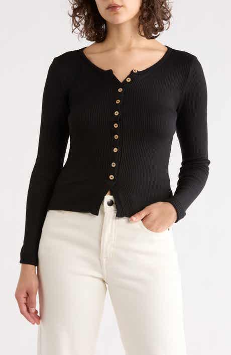 Renee C Button Front Long Sleeve Ribbed Top