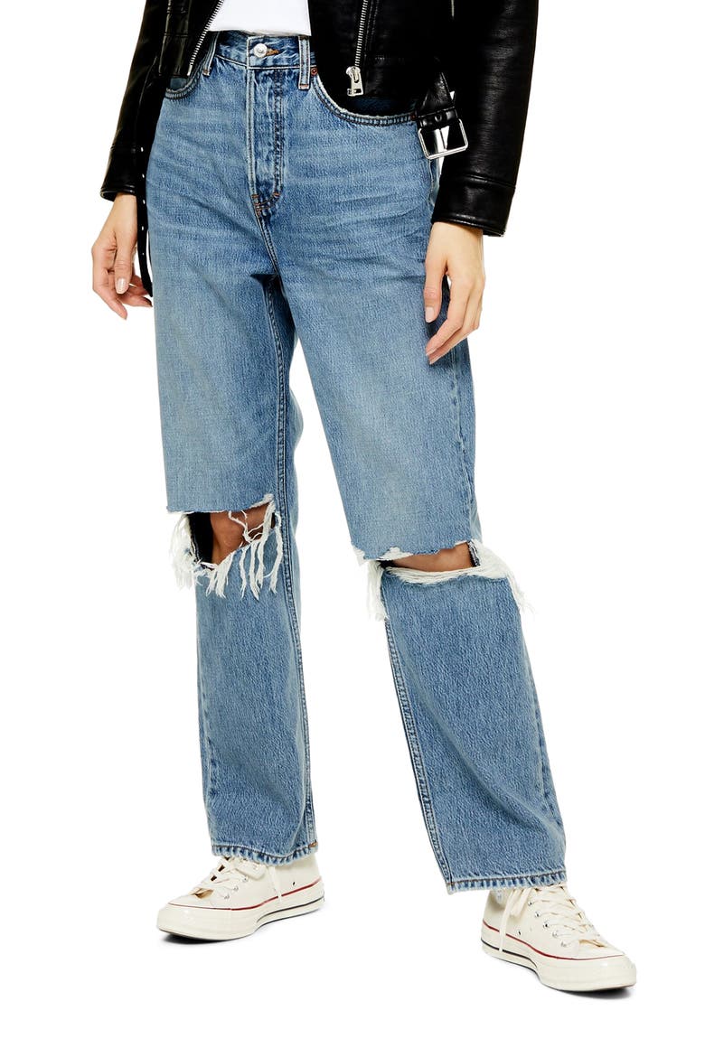 Ripped High Waist Dad Jeans, Main, color, MID DENIM