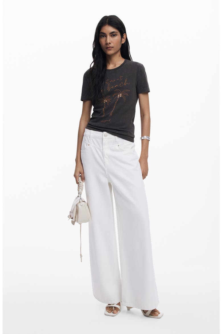 At the Beach Embroidered Cotton T-Shirt, Alternate, color, BLACK