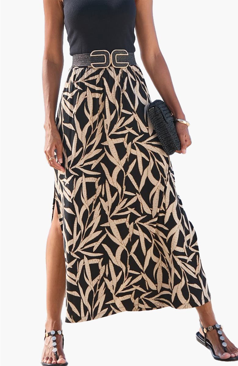 LASCANA Women's Side Slit Maxi Skirt, Main, color, Black & Taupe